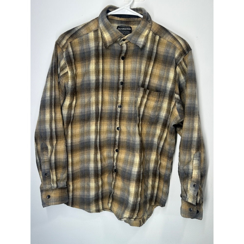 Pendleton Zephyr Shirt 100% Wool Brown‎ Blue Plaid Long Sleeve Button Up Large